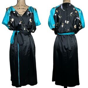 70s Vtg Jerry Silverman Saulino Dress Chiton Sleeve Asian Inspired Floral Satin